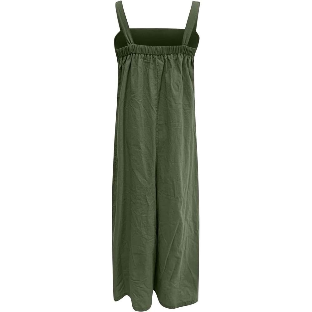 NEW Linen Soft Cotton Sleeveless Loose Jumpsuit Adjustable Straps L Olive Green - Picture 11 of 15